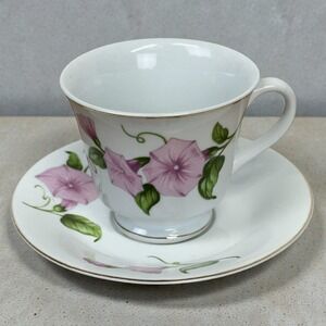 Teleflora‎ Porcelain Tea Cup Saucer Set Pink Morning Glory Floral Gold Trim